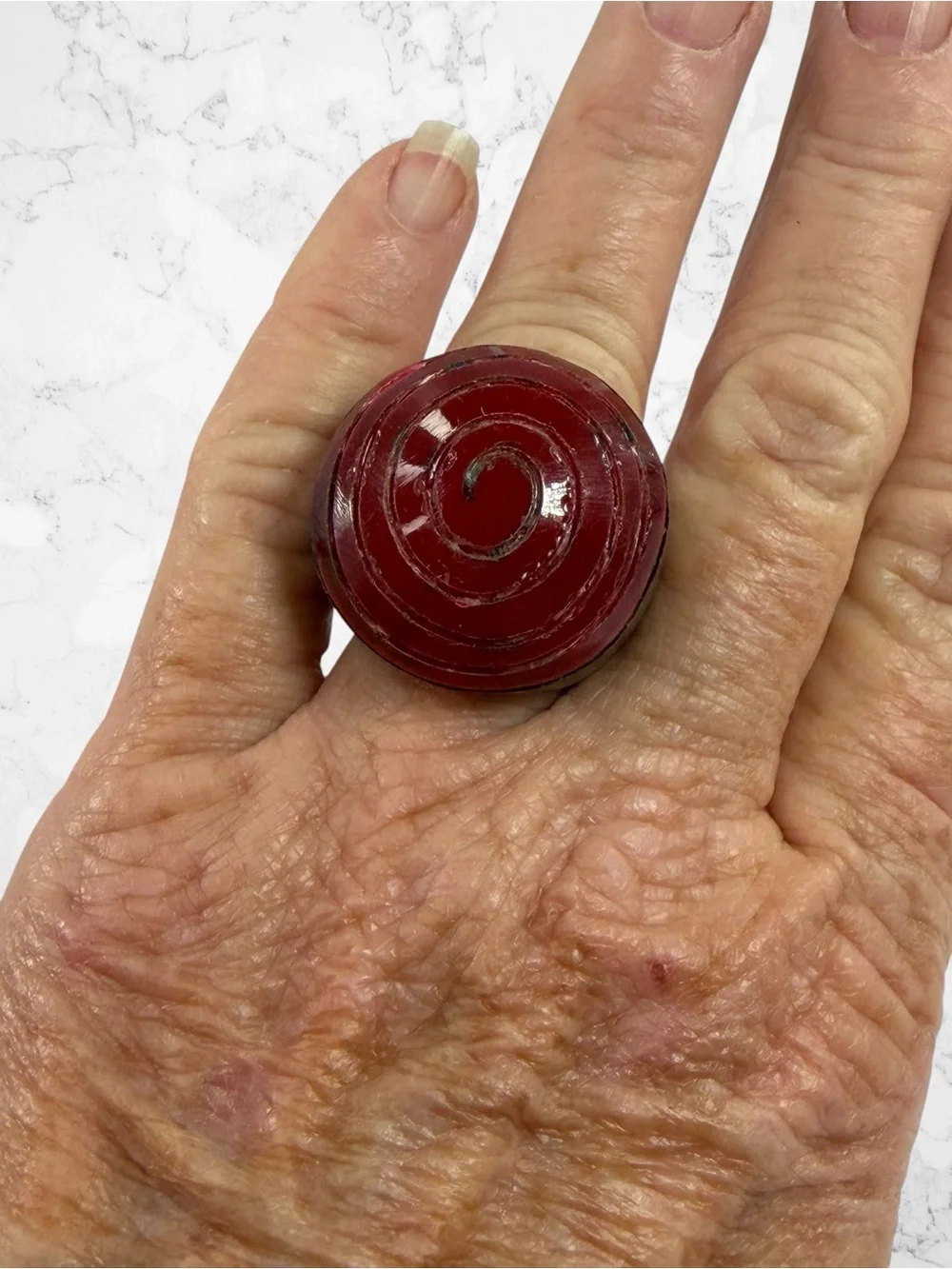Unique Hand Carved Wood Red Burgundy Lacquered Spiral Chunky Boho Ring Bullseye